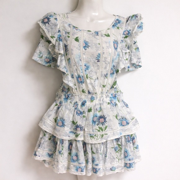 LoveShackFancy Floral Ruffle Cottage Smocked Tiered Mini Dress SZ Medium Twee - Picture 16 of 16